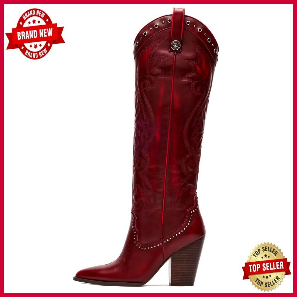 Knee High Cowboy Boots Pointed Toe Chunky Heel Embroidered Western Wide Calf